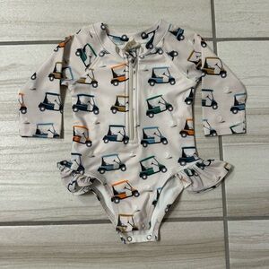 Kids One-Piece Long Sleeve Swim Suit in Beige with Golf Cart Print